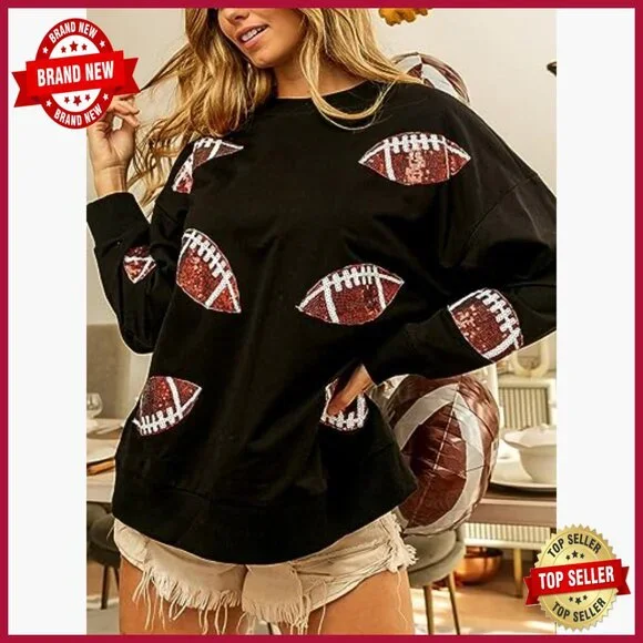 Loose Fit Football Sequin Sweatshirt Long Sleeve Pullover Casual Gameday Top - Picture 3 of 7